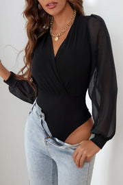 Surplice Mesh Long Sleeve Bodysuit