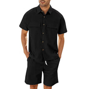 Men Short Sleeve Lapel Whit Pockets Set