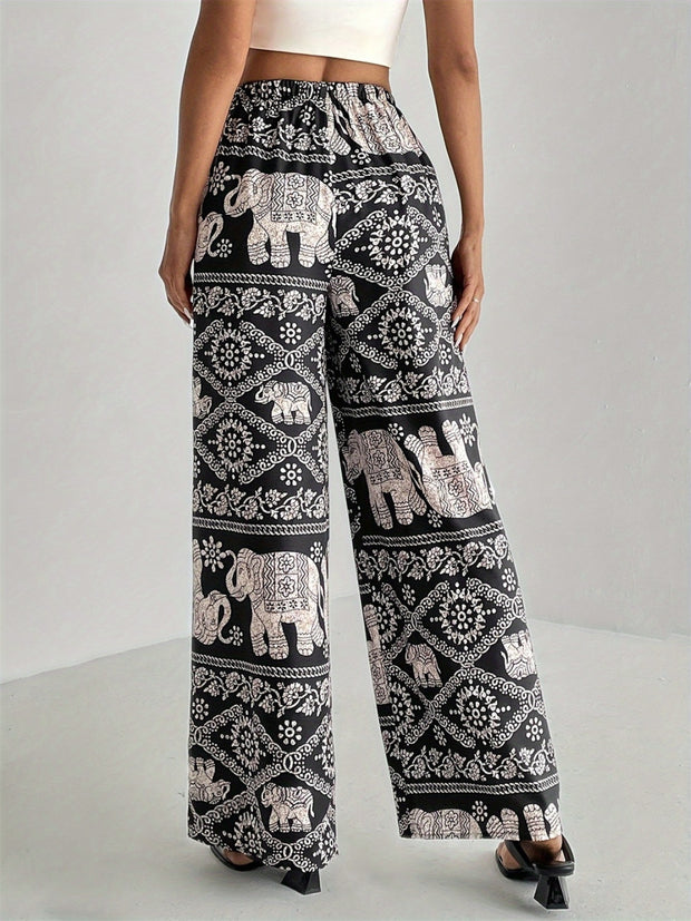 Printed Wide Leg Elastic Waist Pants