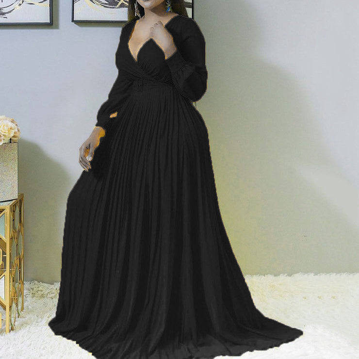 Woman V-neck Long-sleeved Long Dress