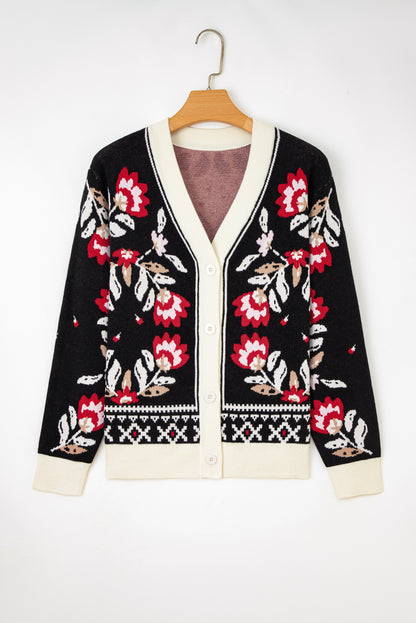 Beige Floral Print Buttoned Front V Neck Knit Cardigan