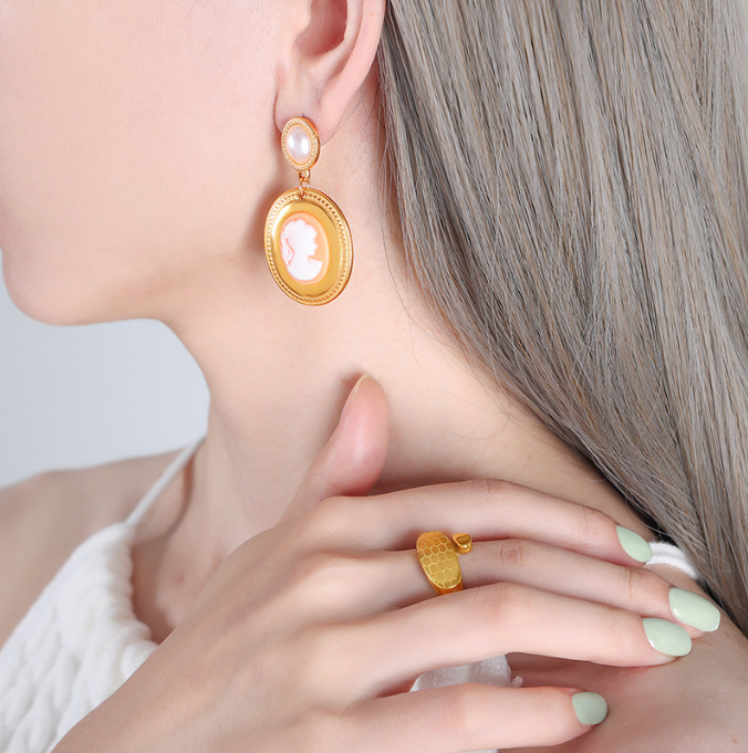 Baroque Imitation Pearl Oval Portrait Earrings – Gold-Plated Titanium Steel