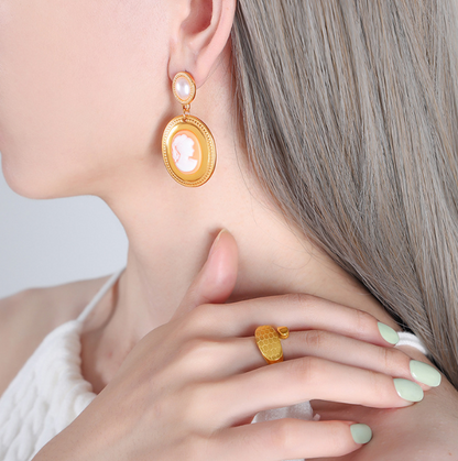 Baroque Imitation Pearl Oval Portrait Earrings – Gold-Plated Titanium Steel