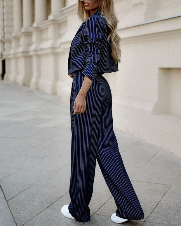 Woman Long Sleeve Cropped Top, Straight Pants Suits