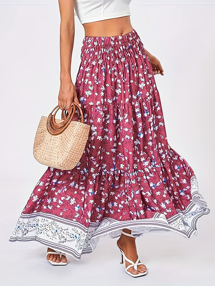 Full Size Tiered Printed Elastic Waist Skirt