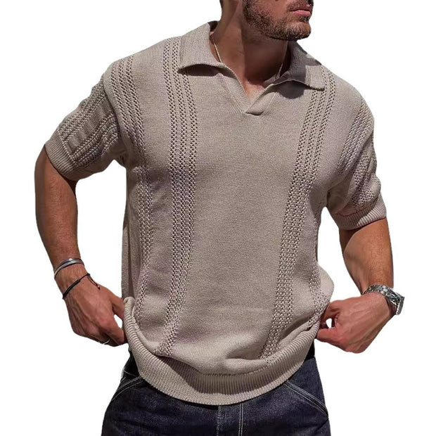 Men's Knitted Short Sleeve V-neck Hollow