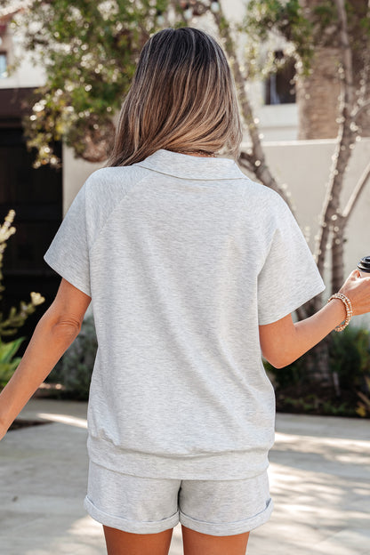 Sky Blue Collared V Neck Tee Drawstring Elastic Waist Shorts 2pcs Outfit