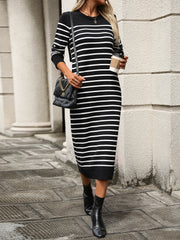 Striped Round Neck Long Sleeve Dress