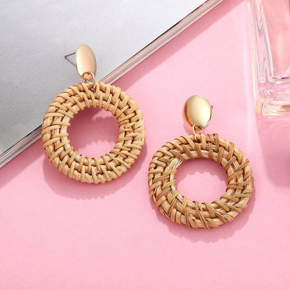 Exaggerated Handmade Rattan Woven Copper & Wood Earrings