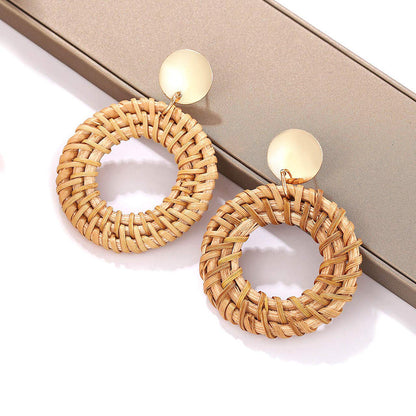 Exaggerated Handmade Rattan Woven Copper & Wood Earrings