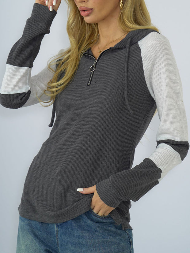 Shiny Waffle-Knit Raglan Sleeve Zipper Front Hoody