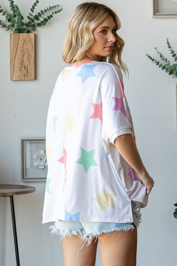 HOPELY Full Size Multi Colored Star Print T-Shirt