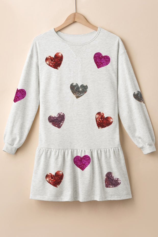 Sequin Heart Round Neck Long Sleeve Mini Dress