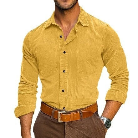 Men's Button Leisure Corduroy Shirt Long Sleeve Solid Color Polo Collar