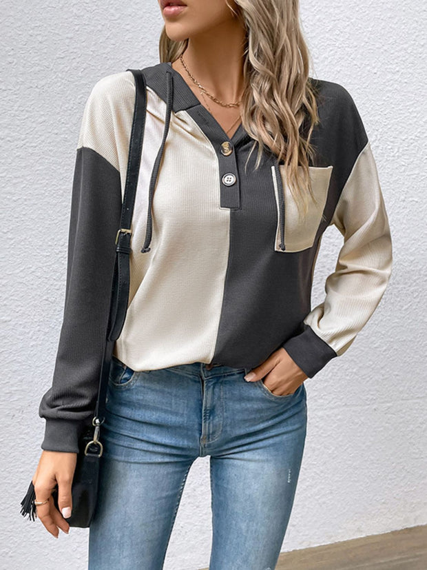 Perfee Contrast Color Button-Up Raglan Sleeve Hoodie