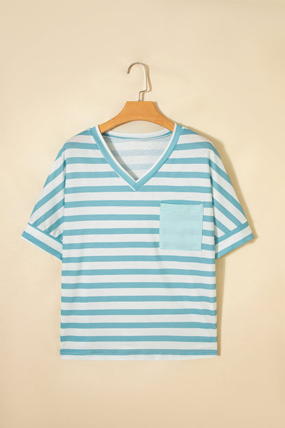 Pink Stripe V Neck Patched Pocket Casual T Shirt