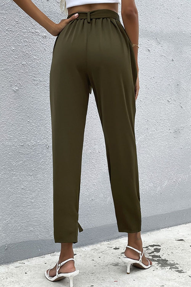 Perfee Tie Detail Belted Pants with Pockets