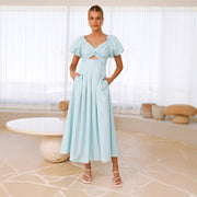 Women's Solid Color And V-neck Long Puff Sleeve Long Slimming Dress