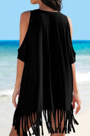 Fringe V-Neck Cold Shoulder Cover Up