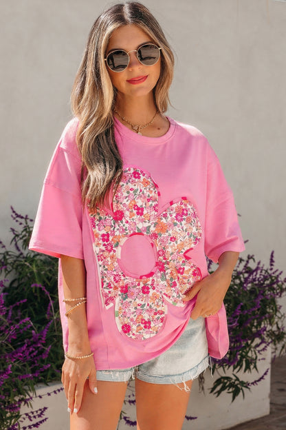 Jet Stream Floral Patched Raw Seam Big Flower Oversize Tee