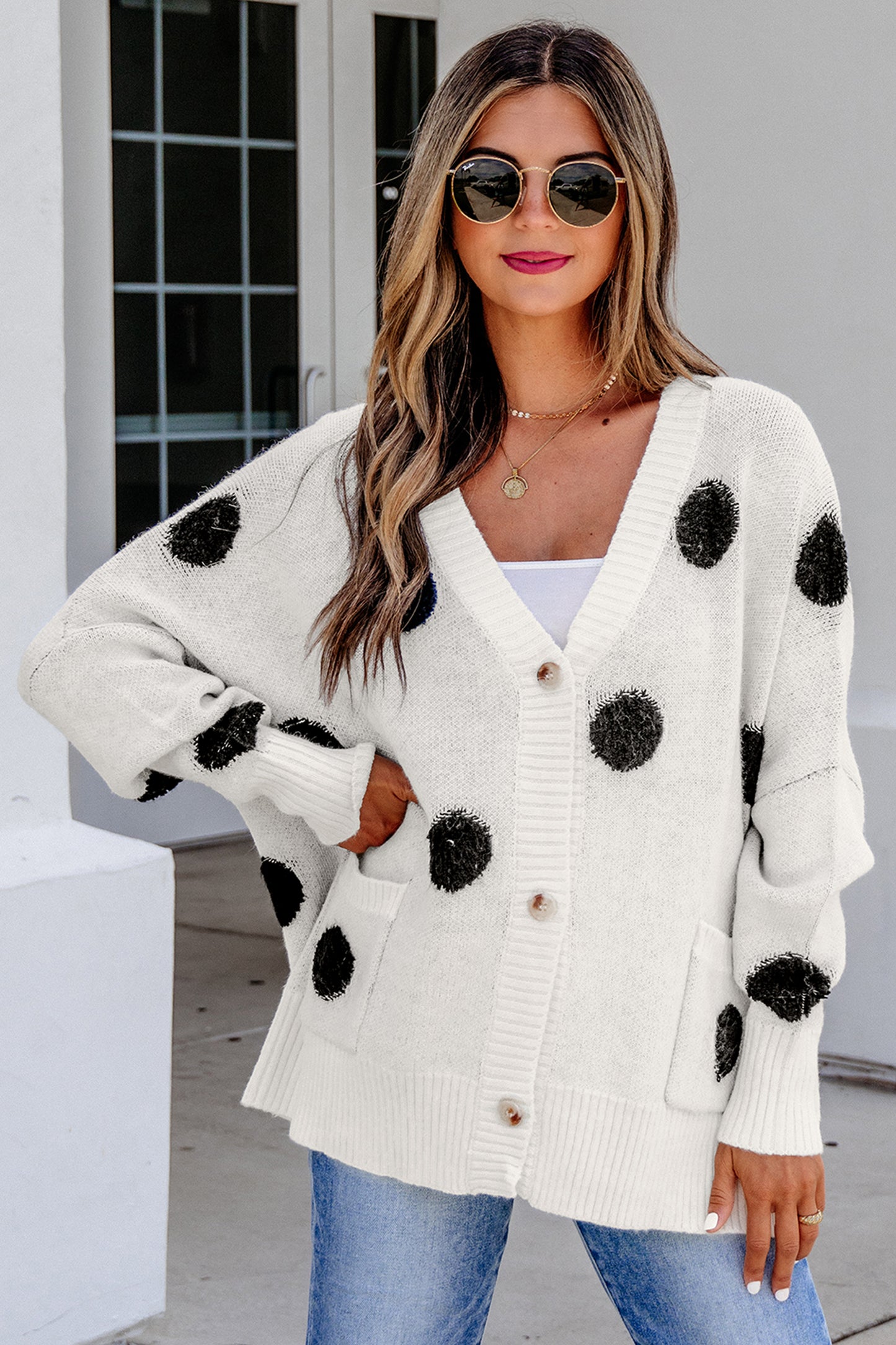 Red Polka Dot Button Front Oversized V Neck Cardigan