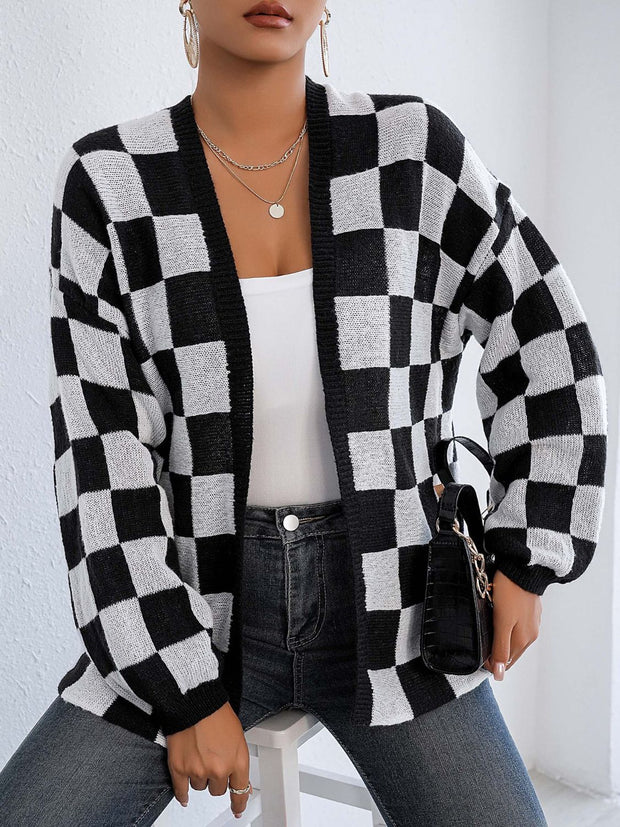 Checkered Open Front Long Sleeve Cardigan