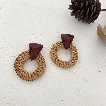 Retro Exaggerated Geometric Rattan Woven Earrings
