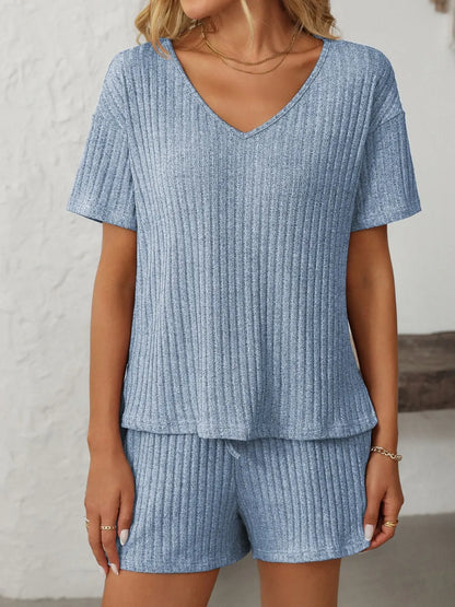 Solid Color Ribbed Short Sleeve Sleepwear Set