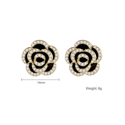 Retro Black Camellia Diamond Earrings – Light Luxury Simple Temperament Jewelry for Women