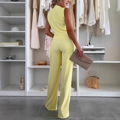 Solid color button pocket front buckle office summer vest suit pants set