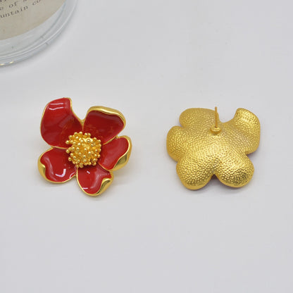 Heavy Industry Red Drip Oil Flower Earrings Vintage Fashion Earrings