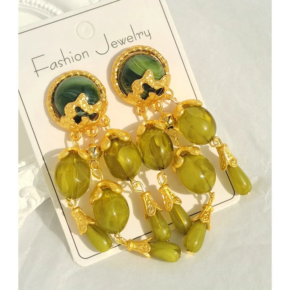 Olive Green Resin Long Tassel Drop Earrings