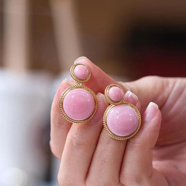Inlaid pink enamel round earrings