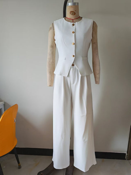 Solid color button pocket front buckle office summer vest suit pants set