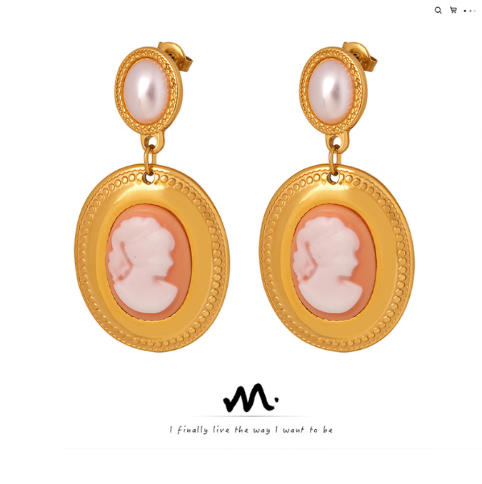Baroque Imitation Pearl Oval Portrait Earrings – Gold-Plated Titanium Steel
