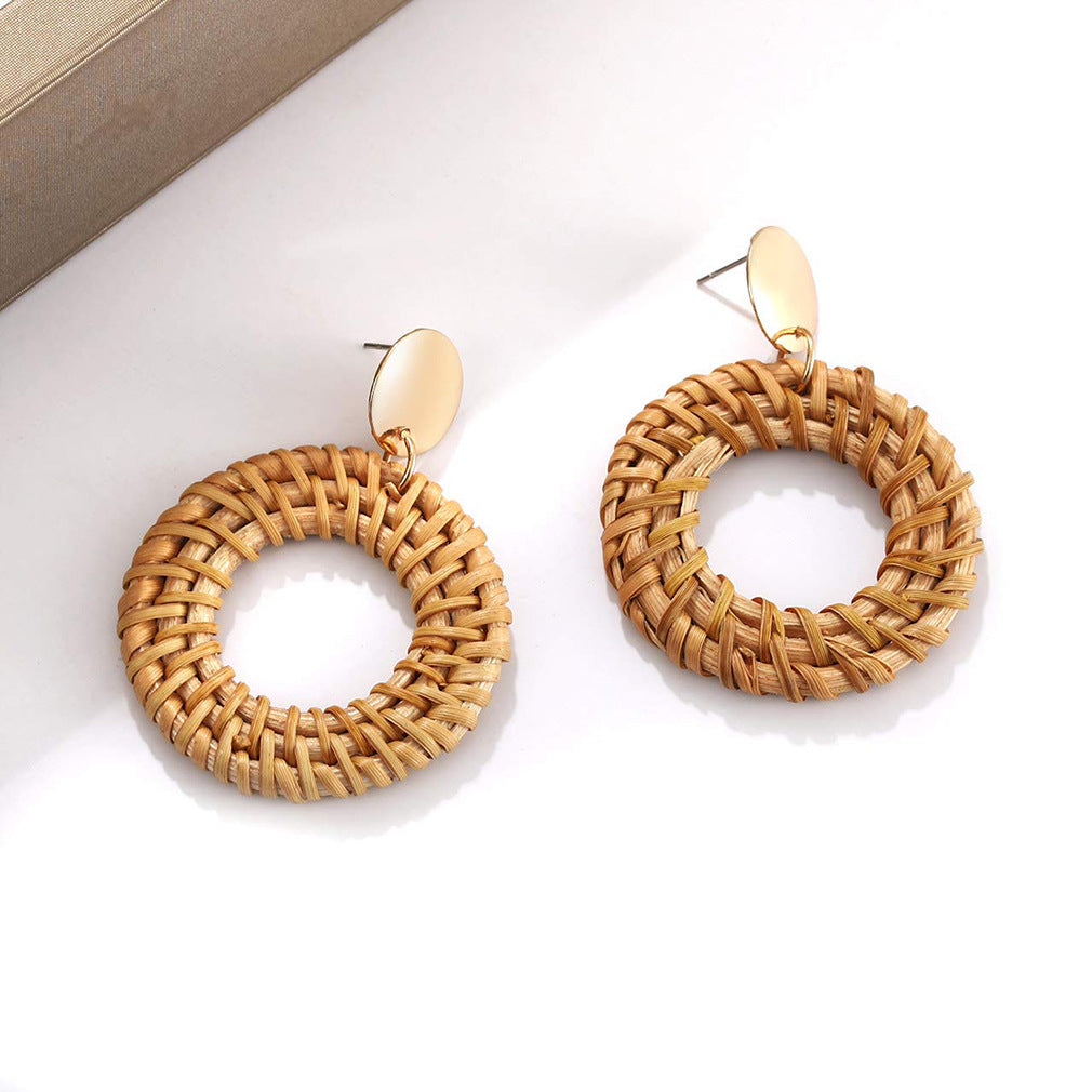 Exaggerated Handmade Rattan Woven Copper & Wood Earrings