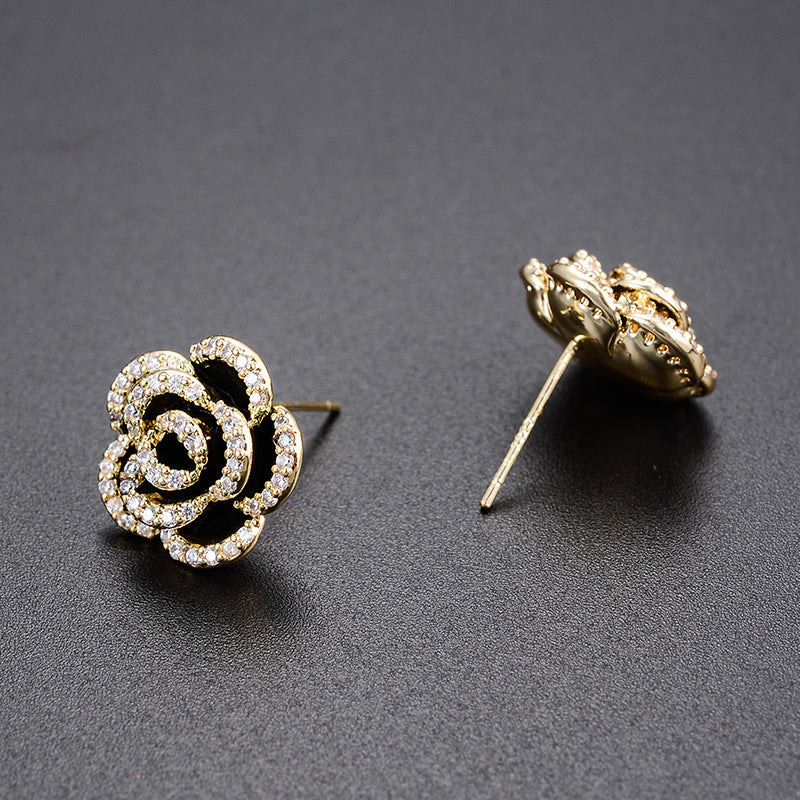 Retro Black Camellia Diamond Earrings – Light Luxury Simple Temperament Jewelry for Women