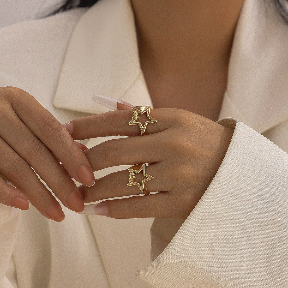 Fashion commuting pentagram heart-shaped open ring alloy versatile ring set