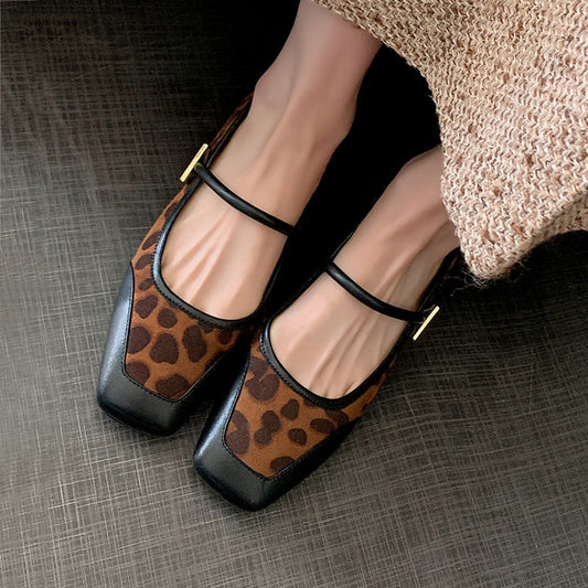 Square toe, shallow mouth, leopard print suede Flats