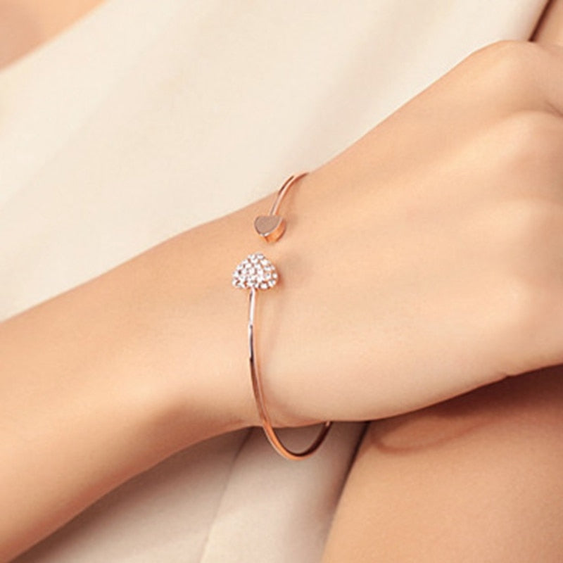 Adjustable Crystal Double Heart Bow Cuff Bracelet