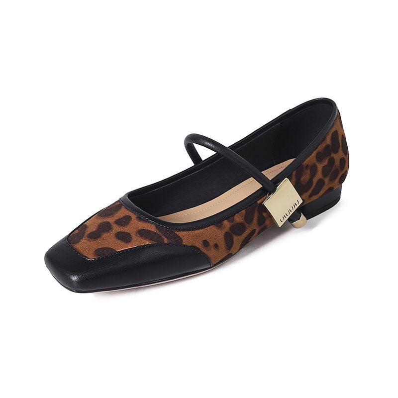 Square toe, shallow mouth, leopard print suede Flats