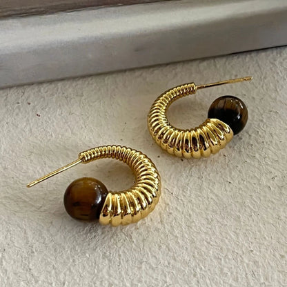 Silver Needle Geometric Texture Brown Stone Earrings For Women Girl Gift Trend New Popular Accessories