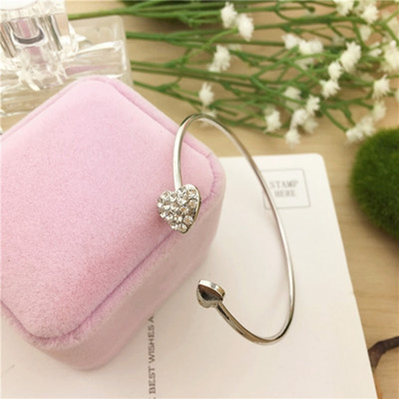 Adjustable Crystal Double Heart Bow Cuff Bracelet