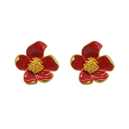 Heavy Industry Red Drip Oil Flower Earrings Vintage Fashion Earrings