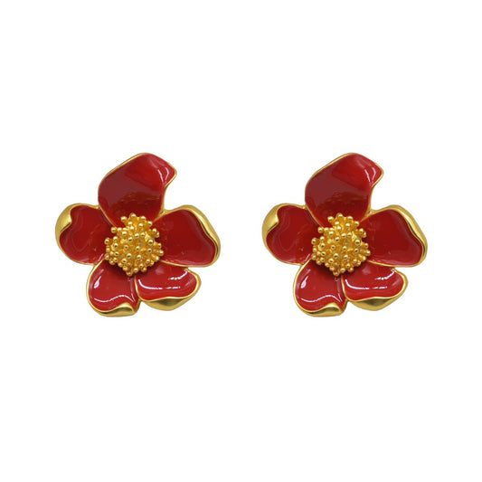 Heavy Industry Red Drip Oil Flower Earrings Vintage Fashion Earrings