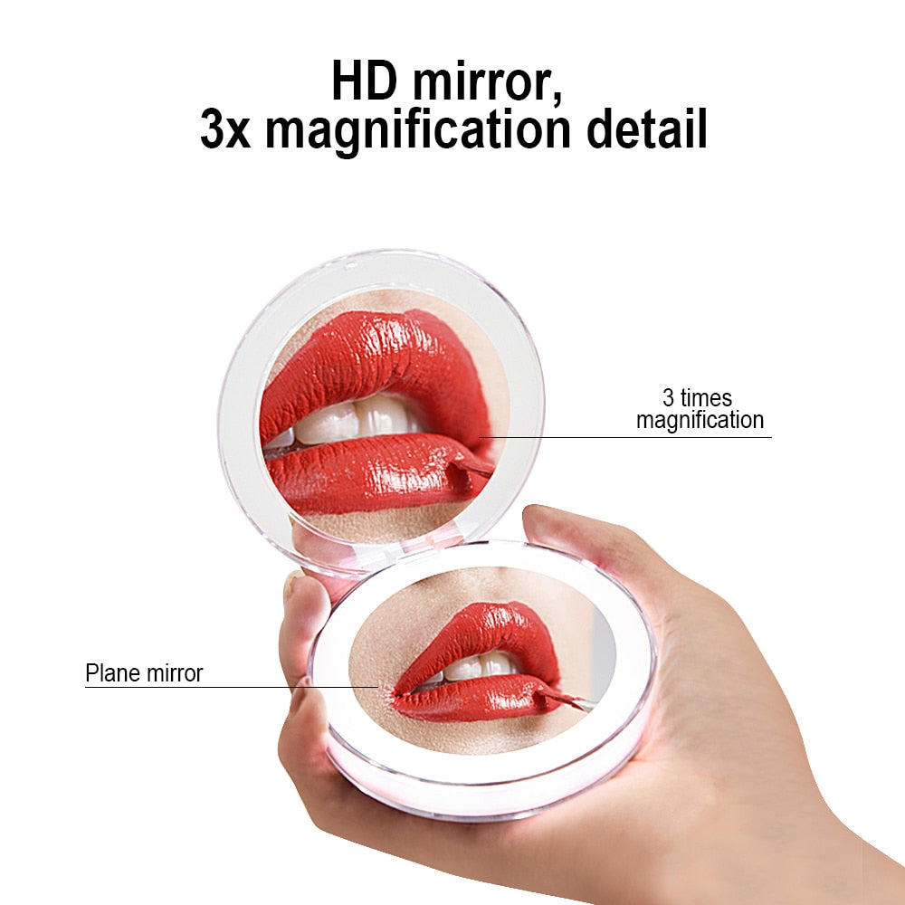10 Lights LED Mini Makeup Mirror 1X 3X Magnify Hand Held Fold Small Portable Micro USB Connect Cable Built-in Battery Chargeable