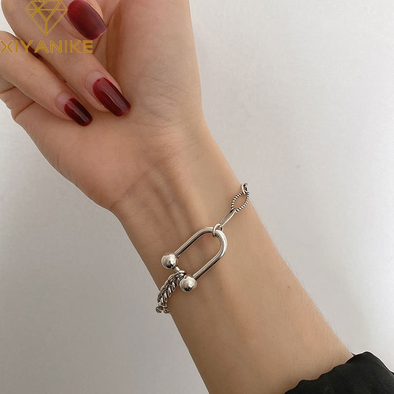925 Sterling Silver Horseshoe U-shaped Tank Chain Bracelet