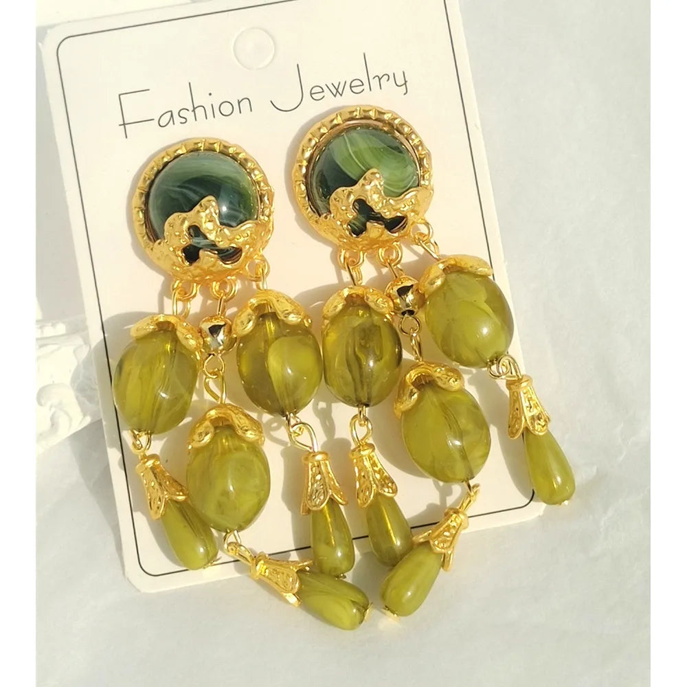 Olive Green Resin Long Tassel Drop Earrings