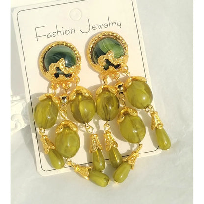 Olive Green Resin Long Tassel Drop Earrings