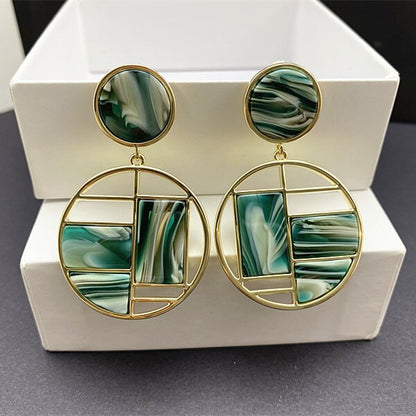 Retro Green Geometric Stitching Earrings